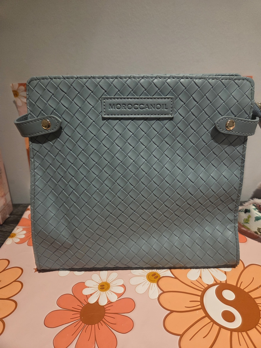 Moroccanoil Woven Sky Blue Cosmetic Pouch with Gold Accents
